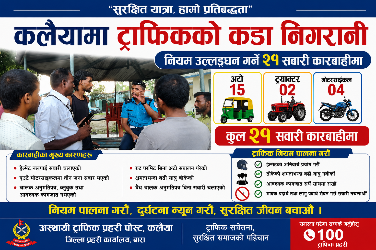 कलैयामा ट्राफिकको कडा निगरानी, नियम उल्लङ्घन गर्ने २१ सवारी कारबाहीमा